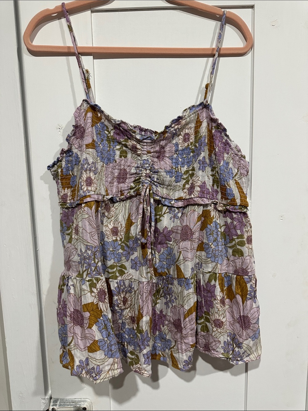 American EagleFloral Smocked Spaghetti-Strap Tank Top